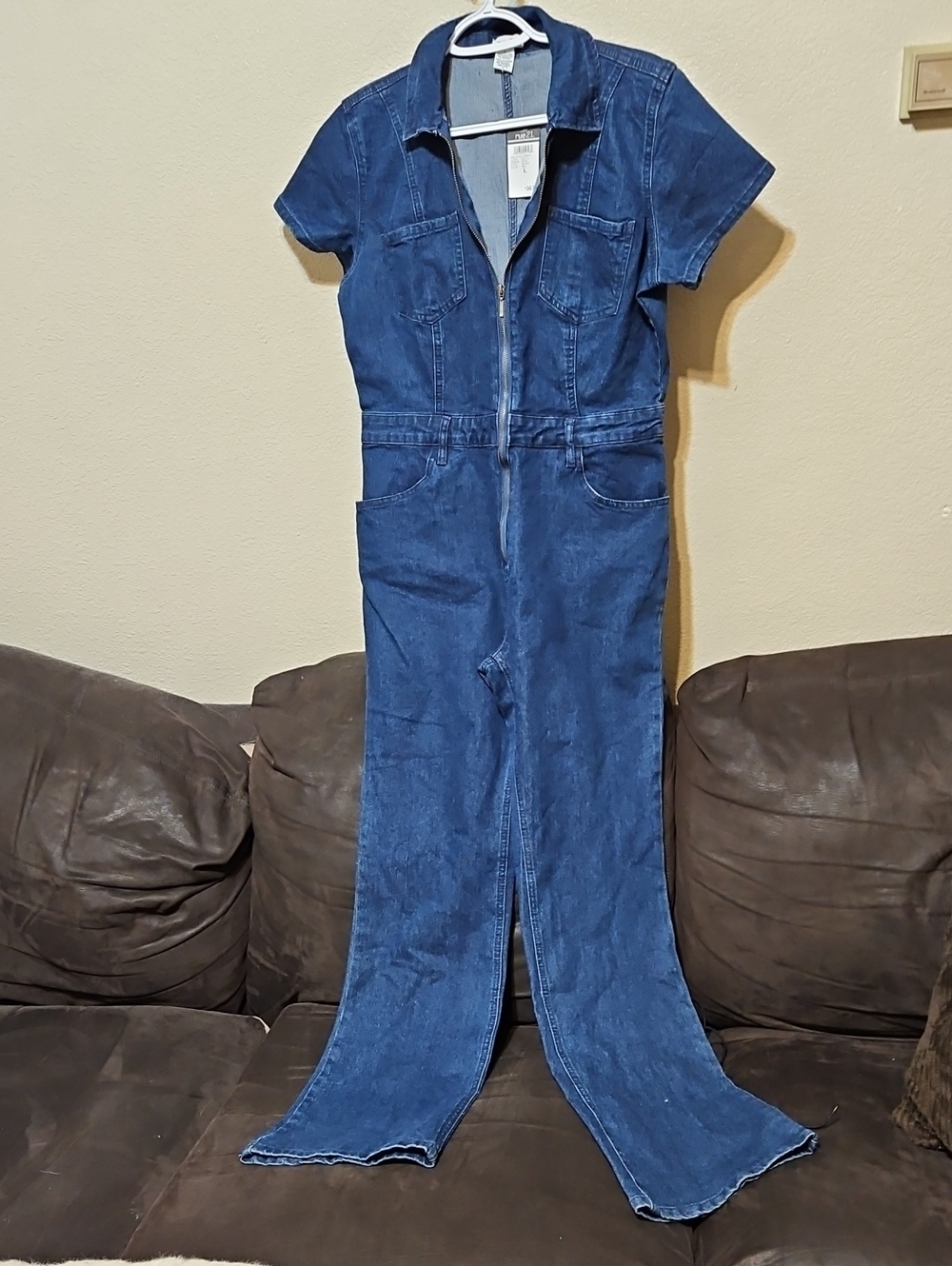 Rue21 Blue Denim Short Sleeve Zip-Front Jumpsuit